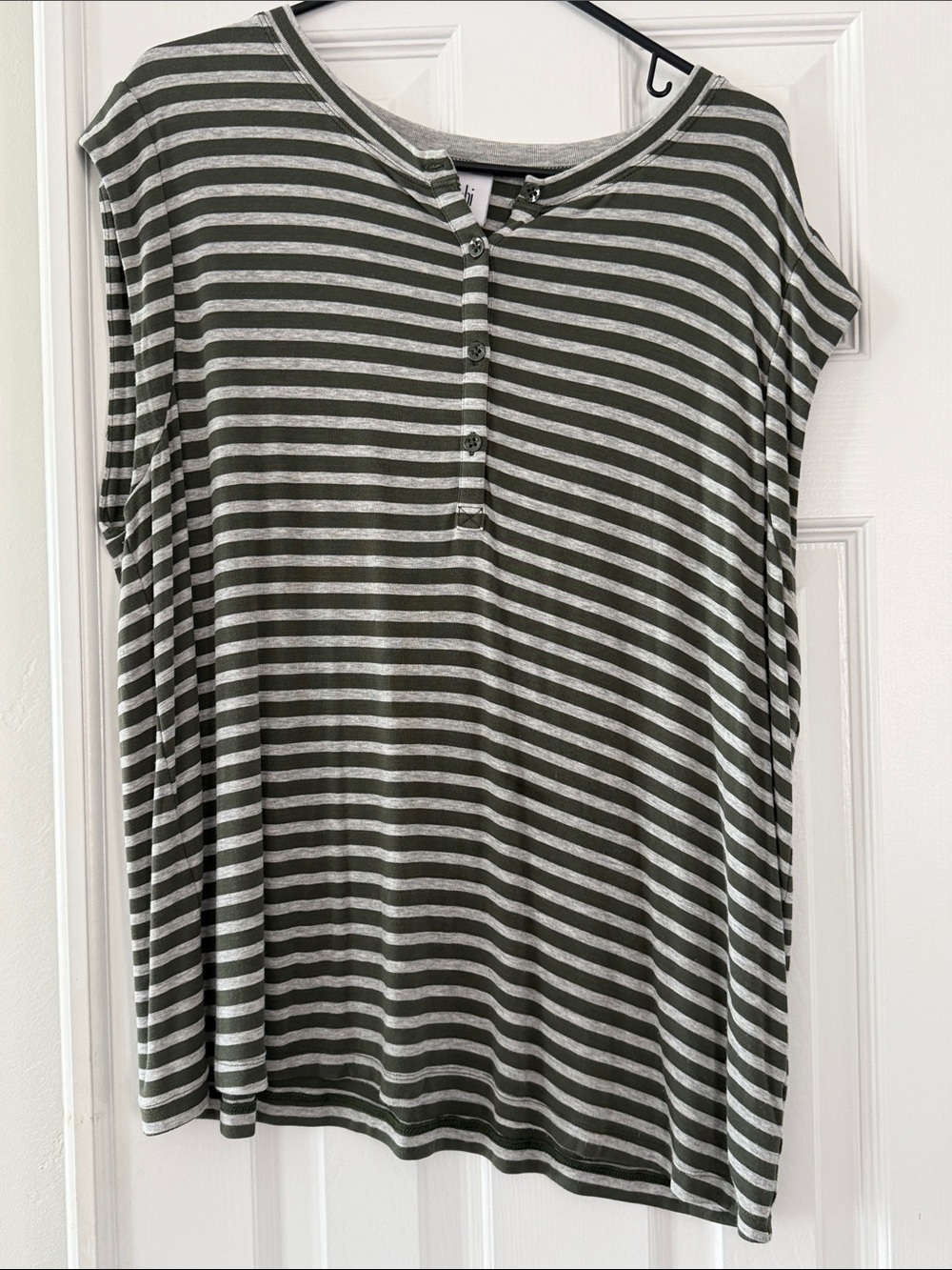 Cabi Striped Olive & Grey Button Henley Top - Women